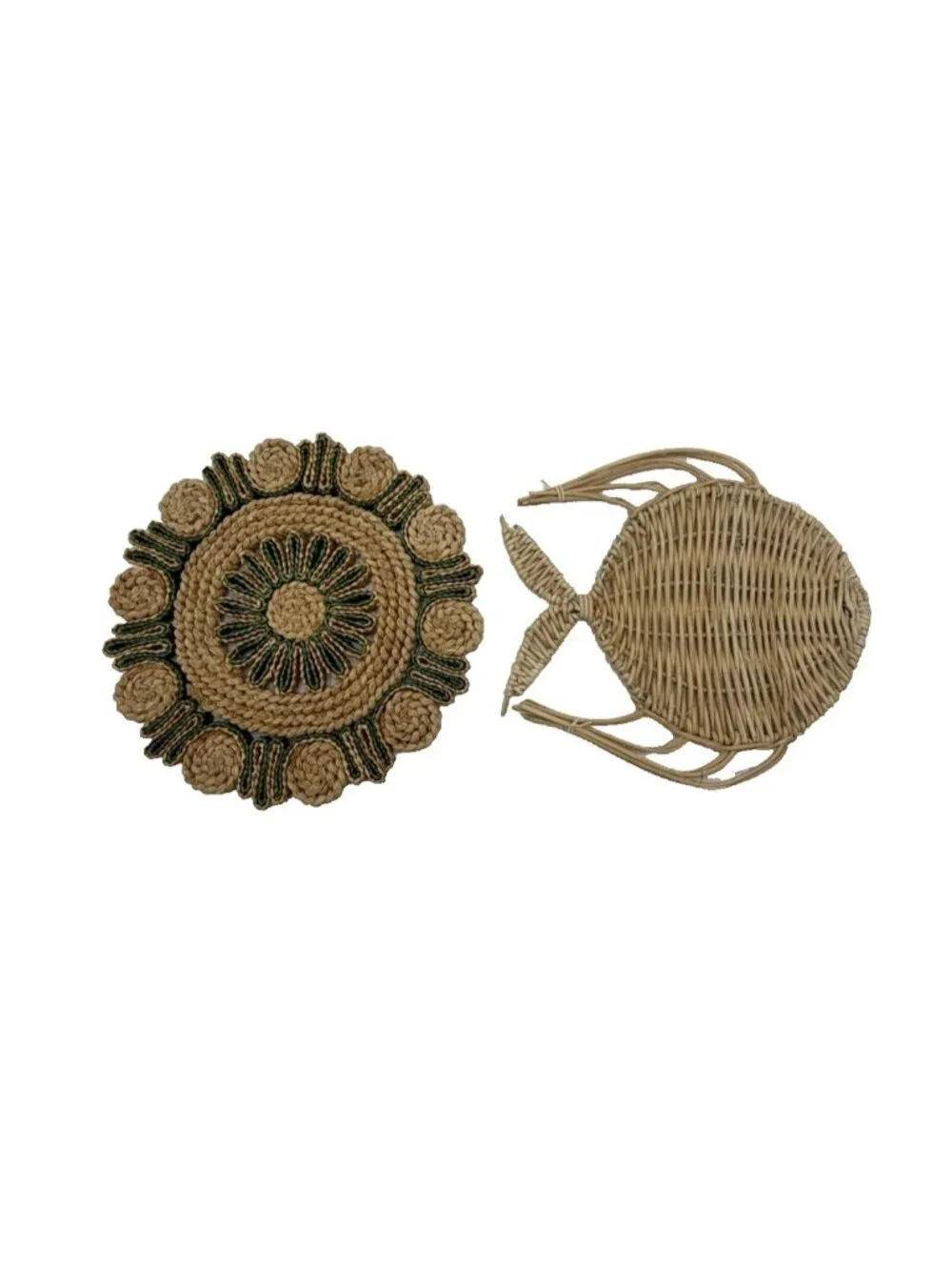 Vintage Wicker Straw Trivets Fish & Round Hot Pads Pot Mats Lot of 2 Boho Beach